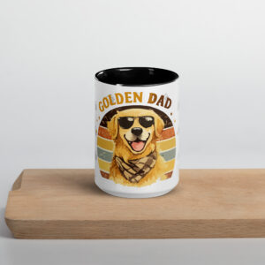 Close-up of a cylindrical can with a cartoon golden retriever wearing sunglasses on a retro label, sitting on a wooden table.