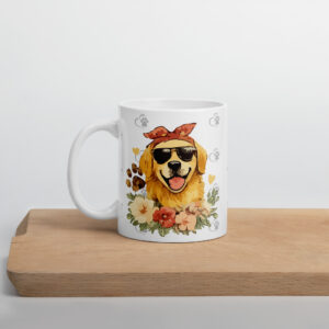 White ceramic mug with a colorful dog illustration and paw-print accents on a wooden table surface.
