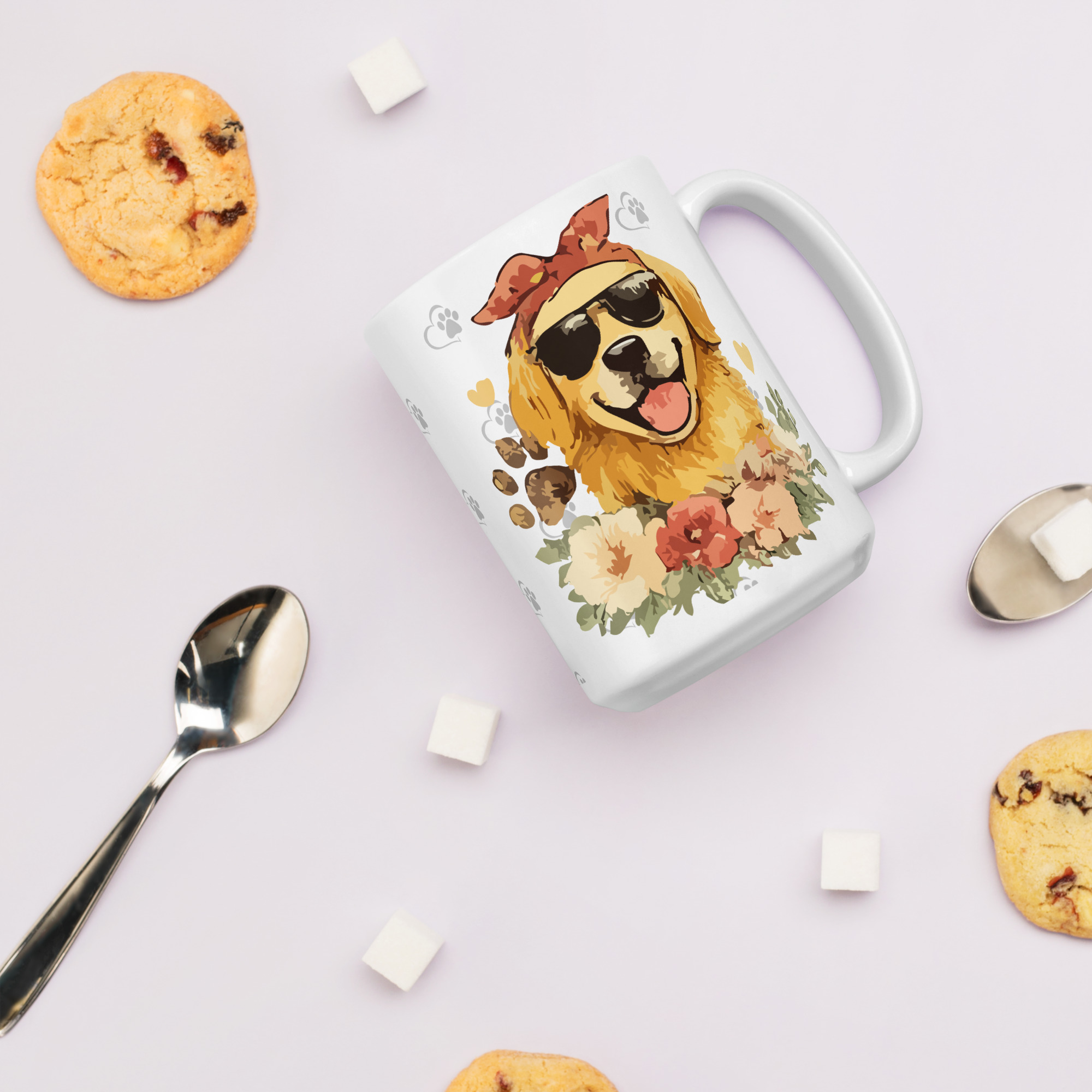 white-glossy-mug-white-15-oz-cookies-6a1b32ad4a6e0jpg - Golden Retriever Gift Shop Optional tagline if the builder asks for one: Life is Better with Goldens White mug with a cheerful illustrated dog wearing sunglasses and flowers on a pale pink surface, with sugar cubes and cookies nearby.