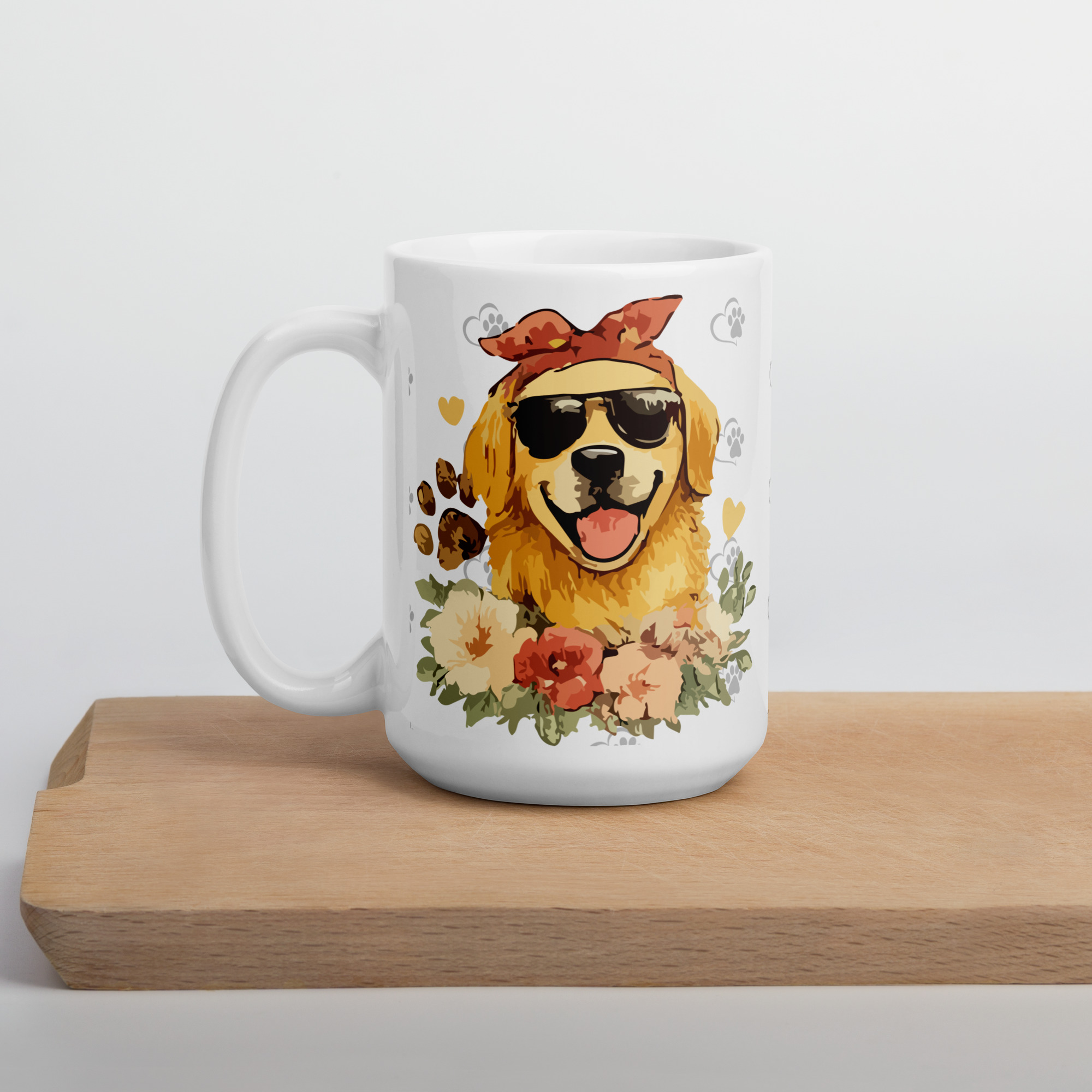 white-glossy-mug-white-15-oz-cutting-board-6a1b32ad4a5ecjpg - Golden Retriever Gift Shop Optional tagline if the builder asks for one: Life is Better with Goldens White ceramic mug with a colorful cartoon dog wearing sunglasses and a hat, surrounded by flowers on a wooden table surface.